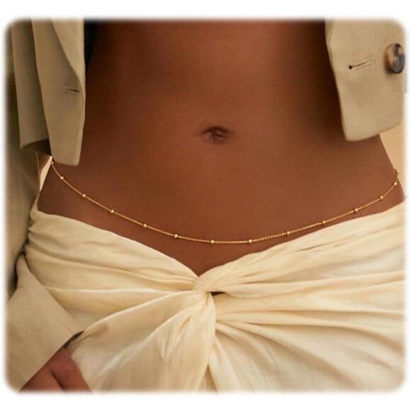 14K Gold Plated Layered Cuban Pearl Satellite Rope Belly Belt for Women 2Pcs - Picture 1 of 6